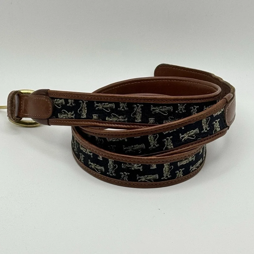 Brooks Brothers Golf Print Leather Canvas Belt Solid Brass Buckle Brown 42